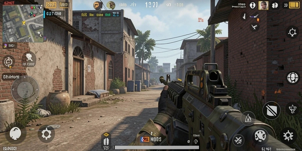 Tampilan menegangkan dari gameplay FPS dalam 62HOT.