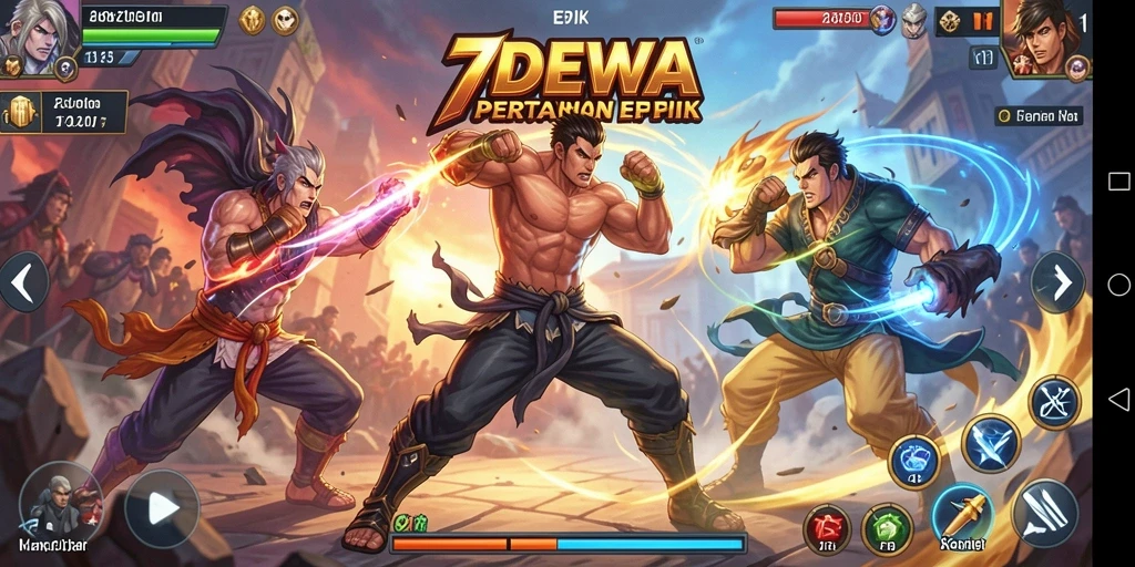 Gameplay pertarungan mendebarkan di 7DEWA dengan karakter yang unik.