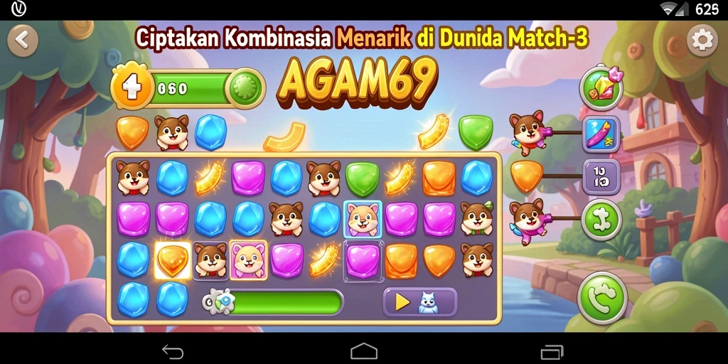 Tangkapan layar gameplay AGAM69 menunjukkan elemen Match-3 yang berwarna-warni.