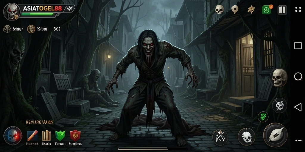 Tampilan utama gameplay ASIATOGEL88 menampilkan suasana menyeramkan dan karakter yang mengerikan.