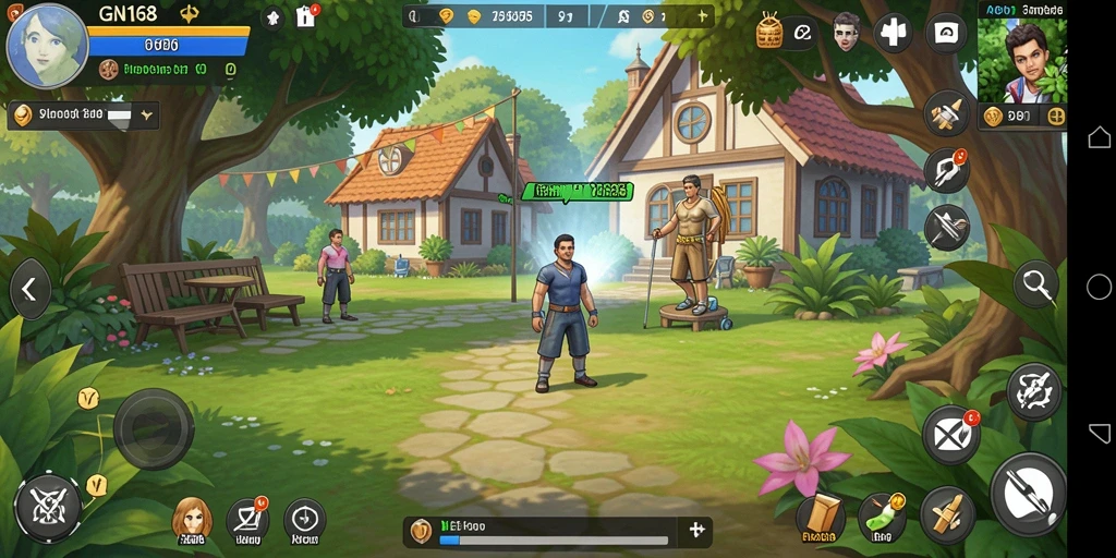 Screenshot gameplay GN168 menampilkan karakter yang berinteraksi di lingkungan simulasi.