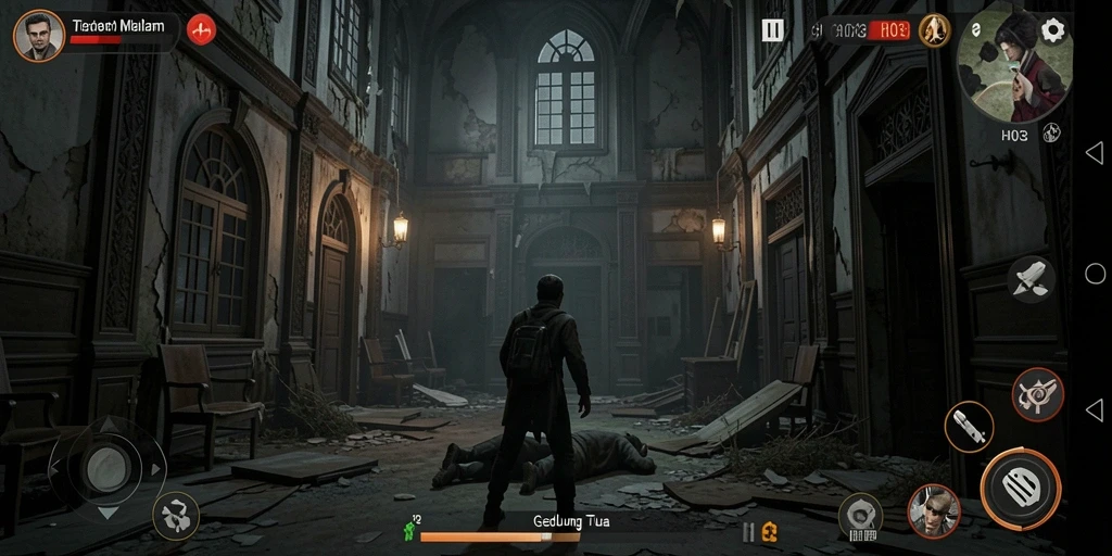 Tangkapan layar gameplay H03 yang menegangkan di dalam gedung berhantu.
