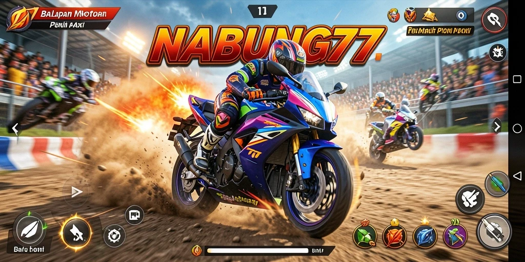 Tampilan gameplay NABUNG77 dengan kecepatan tinggi dan aksi mendebarkan balapan motor.