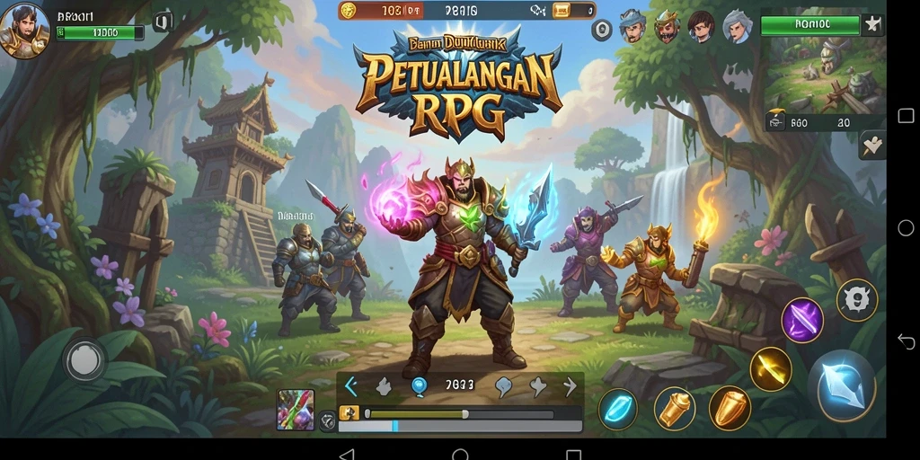 Menampilkan karakter heroik dalam aksi pertempuran RPG yang seru.