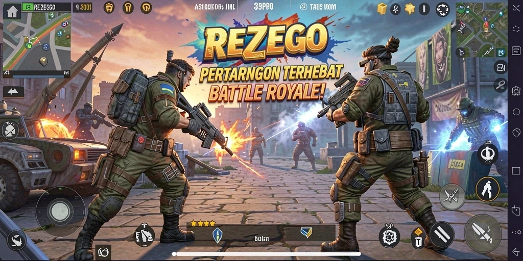 Screenshot gameplay REZEGO yang intens dan seru dalam pertempuran Battle Royale.